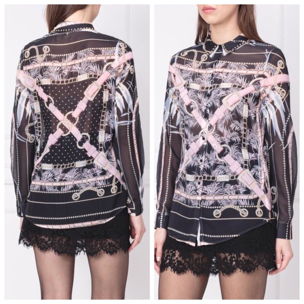 Guess Chiffon Clouis Chain & Palm Trees Print Blouse Shirt Large